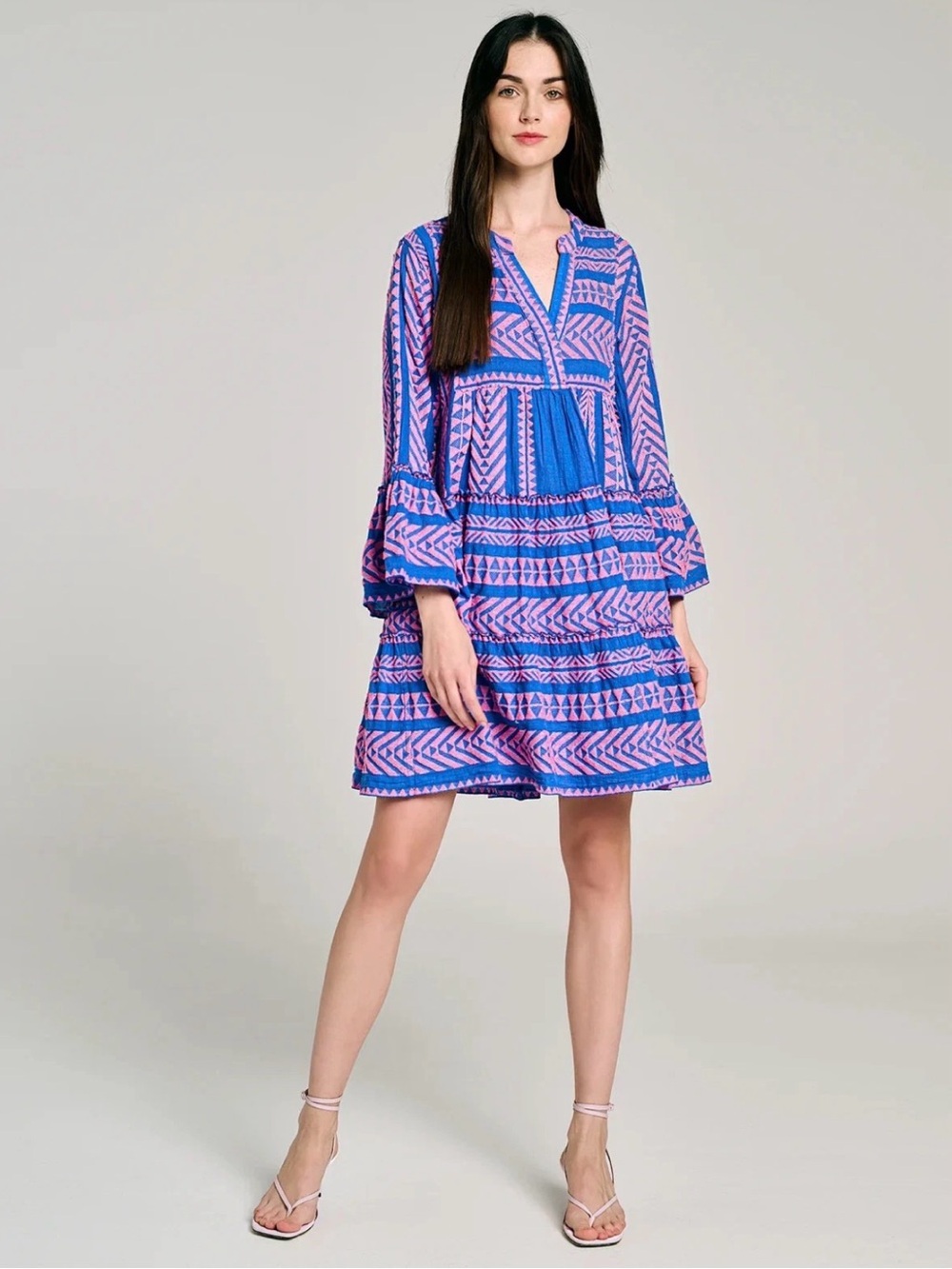 Devotion Twins Ella Short Blue Pink Embroidered Boho Tiered Bell Sleeve Dress S
